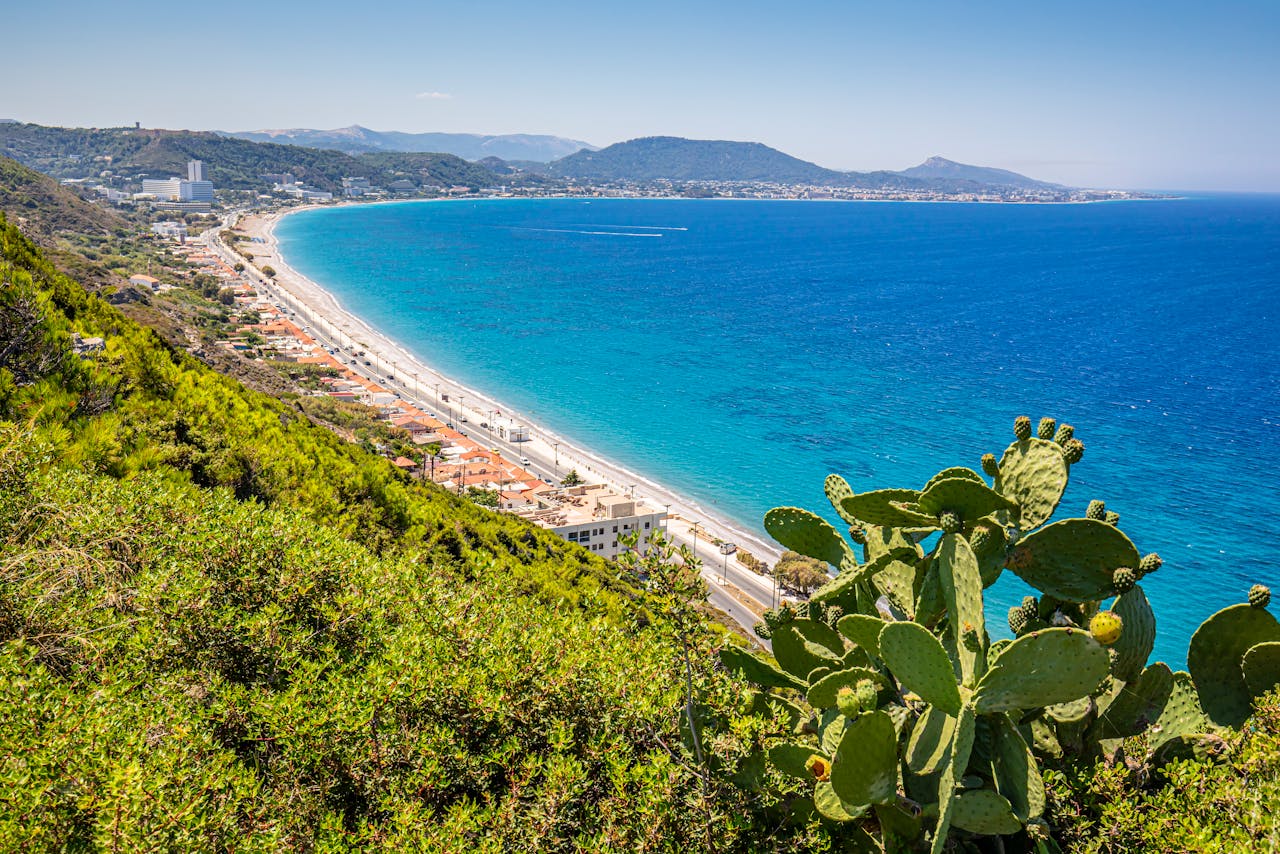 Breathtaking aerial photograph capturing the vibrant coastline of Rhodes, Greece.
